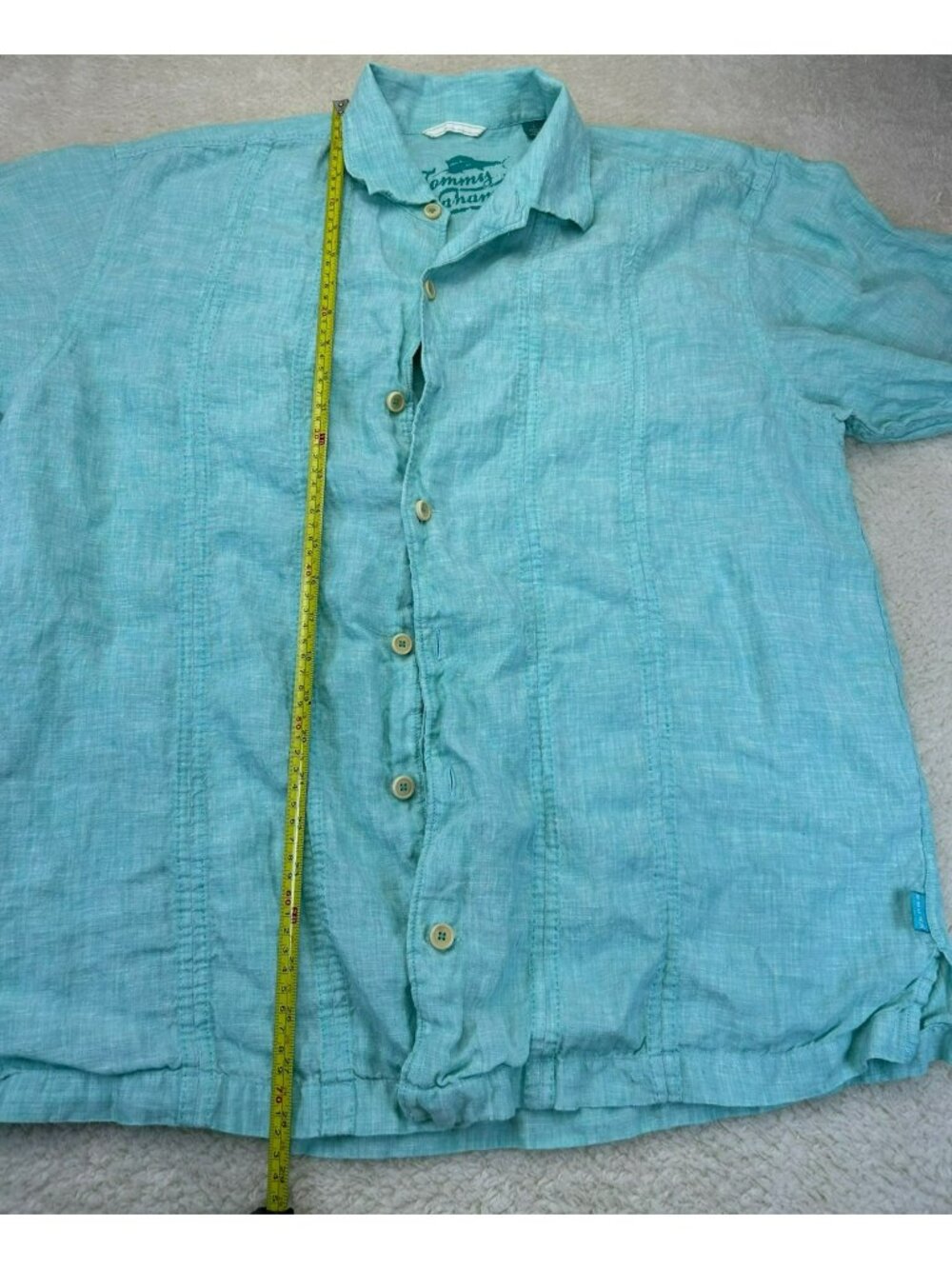 Tommy Bahama Mens Button-Down Shirt Aqua Blue Large 100% Linen Relaxed Fit Good